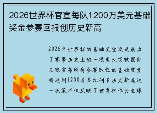 2026世界杯官宣每队1200万美元基础奖金参赛回报创历史新高