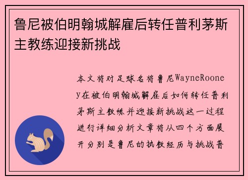 鲁尼被伯明翰城解雇后转任普利茅斯主教练迎接新挑战