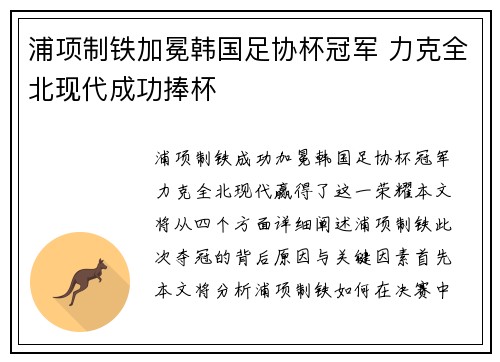 浦项制铁加冕韩国足协杯冠军 力克全北现代成功捧杯